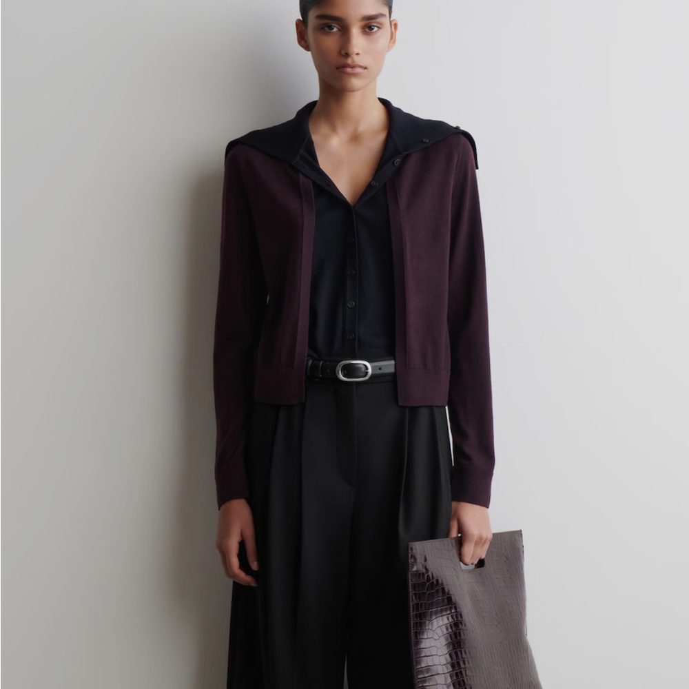 NWT COS Layered Merino Wool High Neck Cardigan Burgundy Purple Navy Size Small